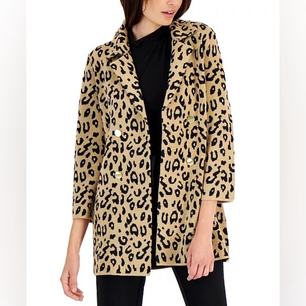 Kasper Tan & Black Animal Print Open Front Sweater Jacket Women's Small